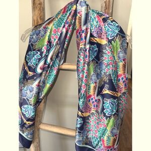 J. McLaughlin Catalina Cloth Scarf Wrap Wavesong Paradise Peacock print 49x49